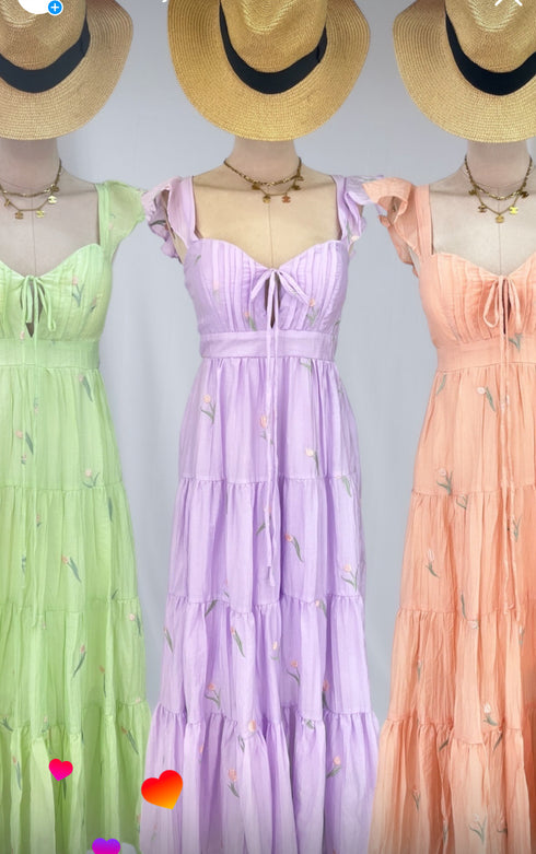 Summer Floral Flutter Sleeves Padded Long Sundresses